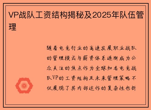 VP战队工资结构揭秘及2025年队伍管理